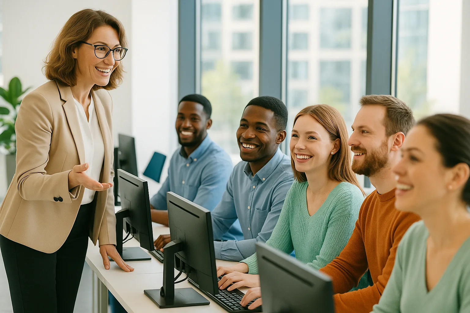 Женщина преподает в офисе, где все работают за компьютерами.